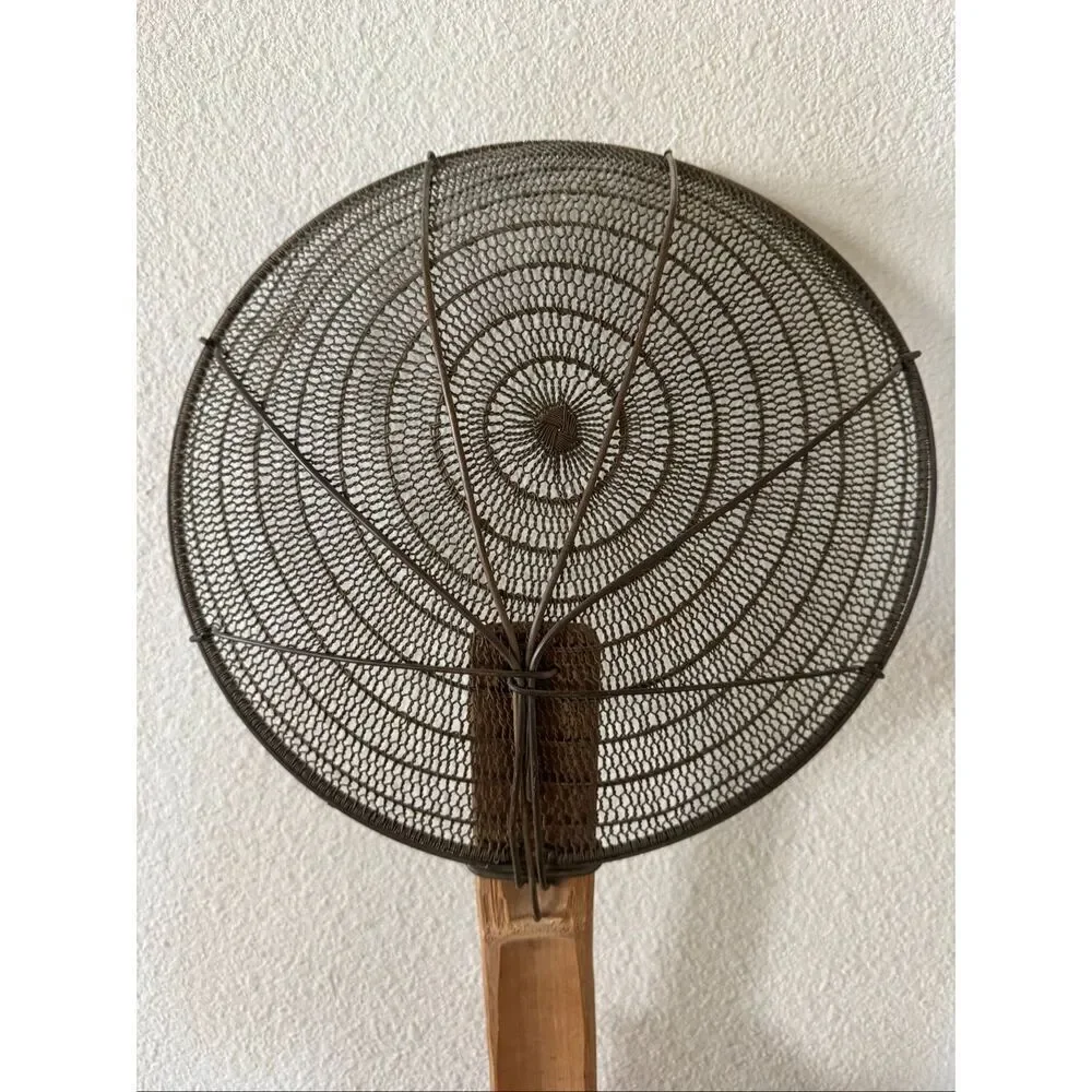 Vintage Chinese spider skimmer long wooden handle fry scoop bronze mesh